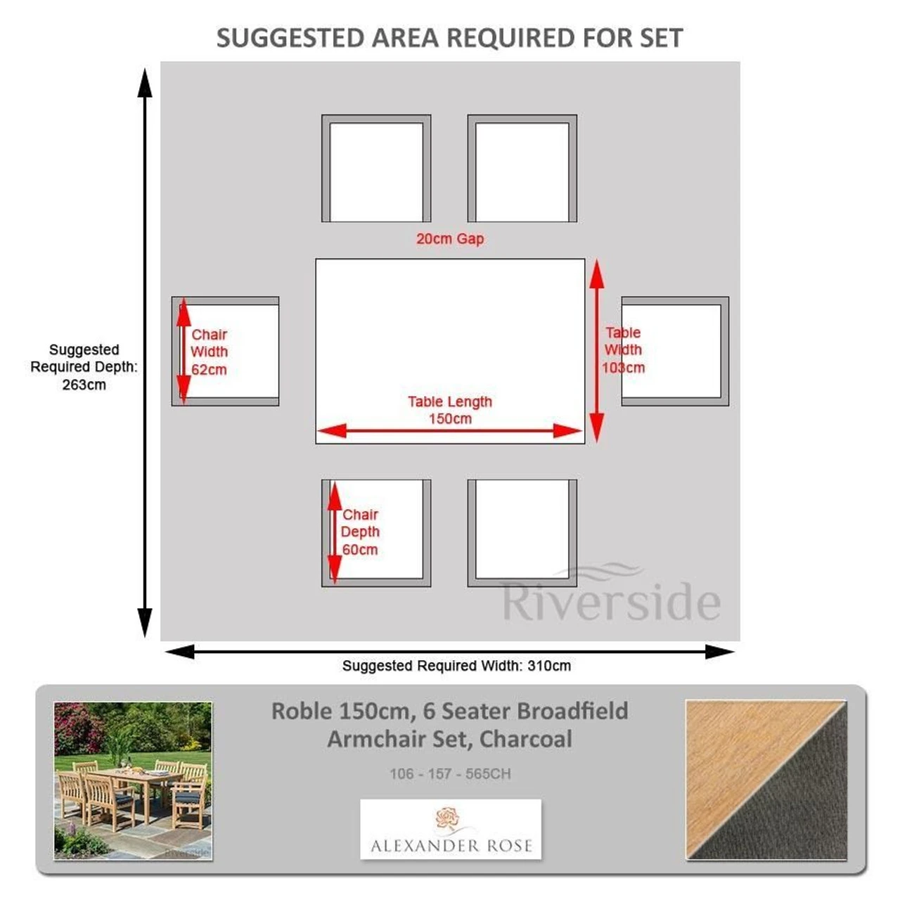 Alexander Rose Roble 6 Seater Dining Set 1.5m X 1m, Charcoal - Image 2